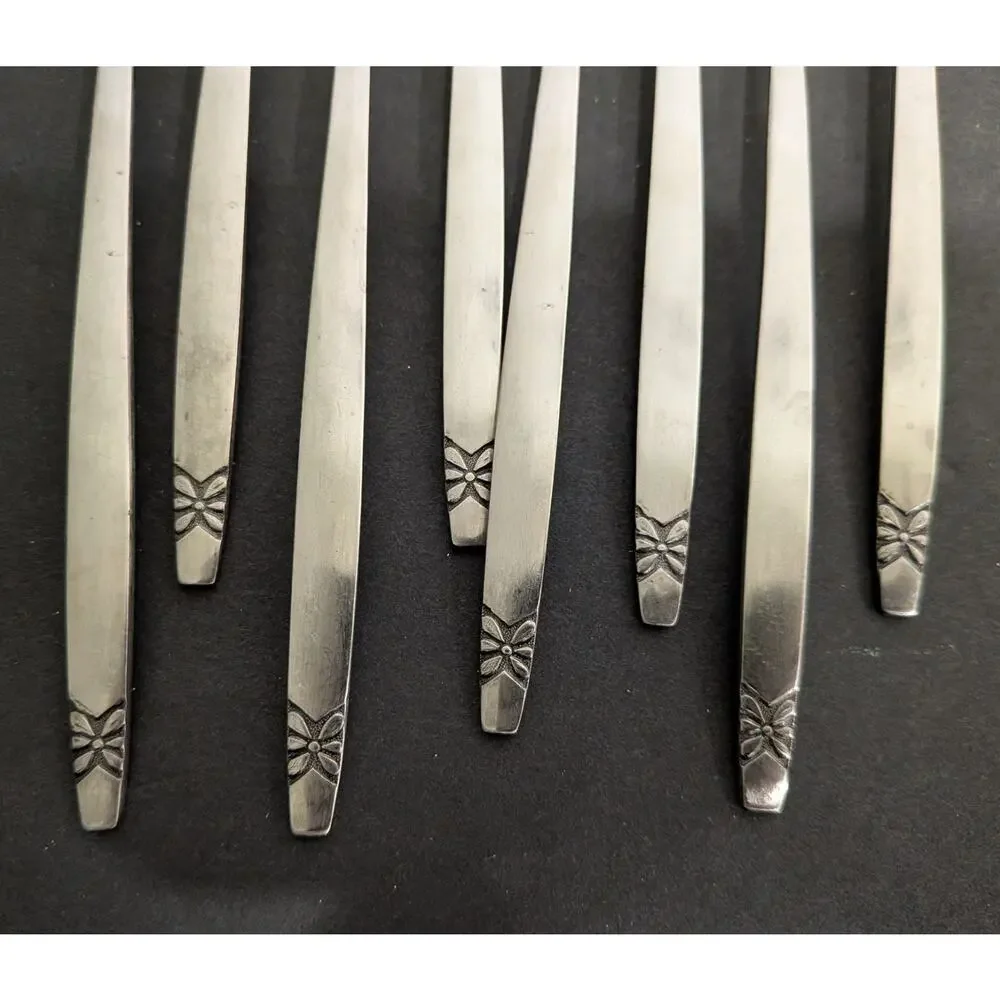 Vintage Atomic Floral Iced Tea Spoons Set Of 8 MCM Stainless Steel Korea Retro
